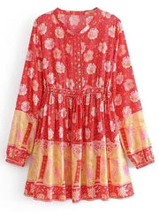 فستان نسائي قصير بنمط بوهو مطبوع عليه زهور فستان كاجوال برقبة دائرية وأكمام طويلة فستان على شكل حرف A للسيدات بأزرار للحفلات 