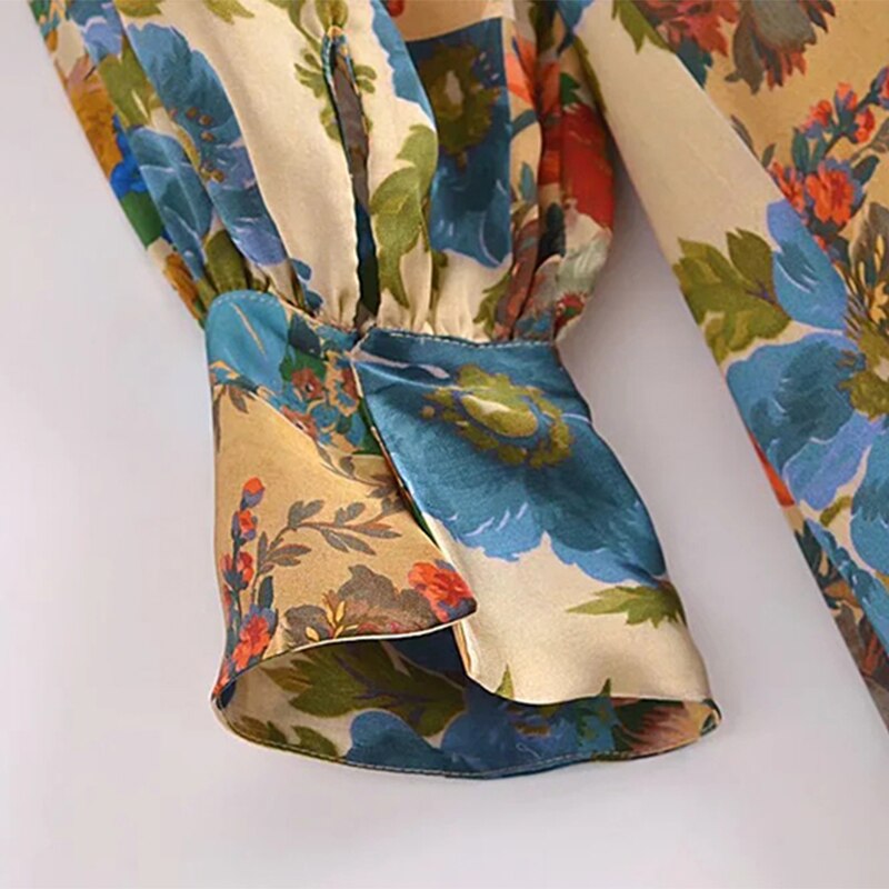 فساتين نسائية بوهو ستايل قصيرة مطبوعة بالزهور أنيقة على شكل حرف V وأكمام طويلة وربطة عنق على شكل فيونكة فساتين نسائية أنيقة للحفلات 