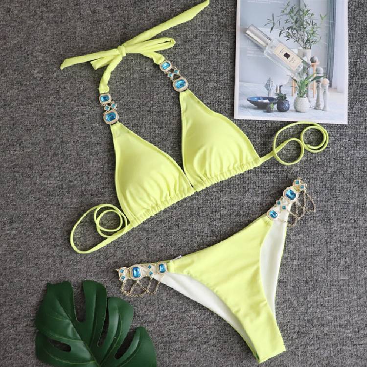 Sports Bikini Crystal Diamond Bandage Red Split Female Swimsuit High Waist Two piece Pure Color Halter Bikini