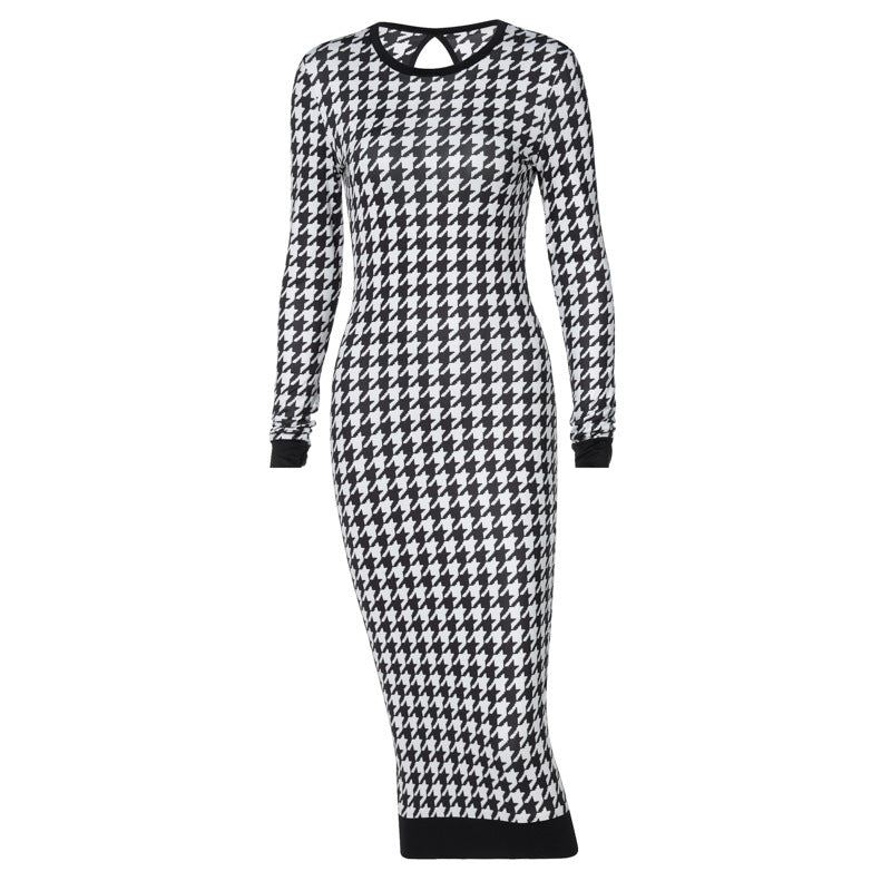 Female Houndstooth Print Women Long Sleeve Midi Dress Hollow Out Bodycon Sexy Streetwear 2022 Spring Autumn Club Elegant Slim
