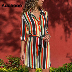 Aachoae Long Sleeve Shirt Dress 2020 Summer Boho Beach Dresses Women Casual Striped Print A line Mini Party Dress Vestidos