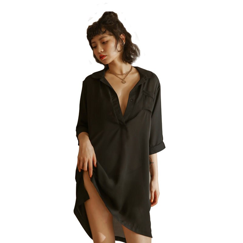 Chiffon Nighty Women's Sexy Nightgown Half Sleeves Deep V Boyfriend Shirt Femme Nightdress Thong Set Home Dress Thin Sleepwear
