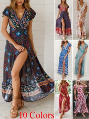 Women's Summer Flower Dress Short Sleeve Boho Maxi Dress Printed Flower Dress Maxi Beach Dress