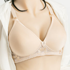 Plus Size Women's Solid Color Lace Flower Bras Gathering No Steel Rings Comfortable Thin Underwear