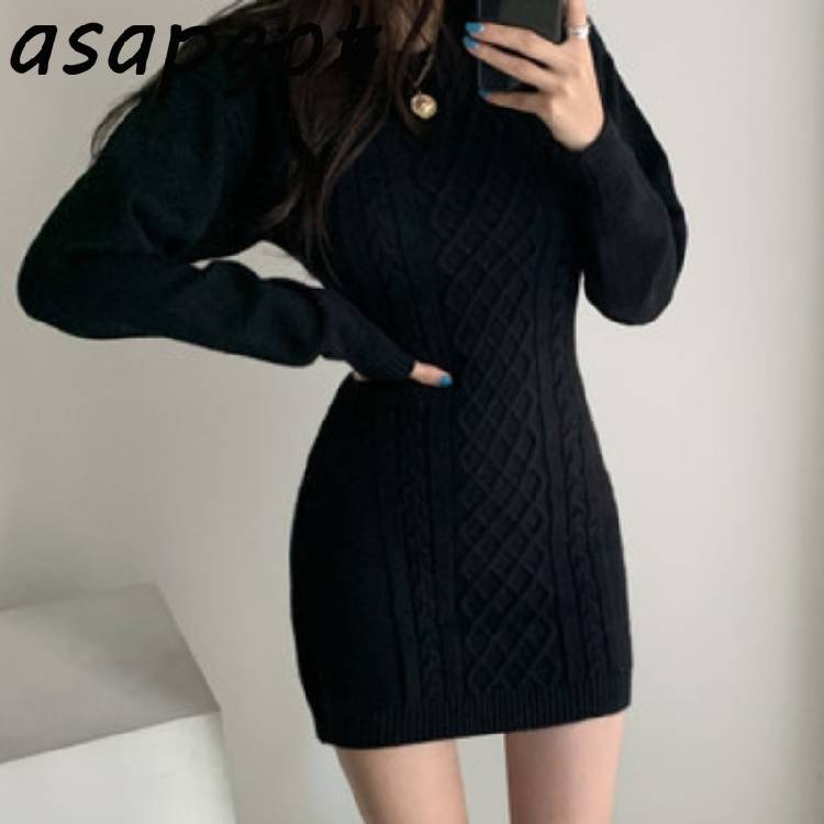 Korean Ins Autumn Winter Temperament Round Neck Sweater Dress Bodycon Open Back Slim Wrap Hip Knitted Dress Women Chic Thick