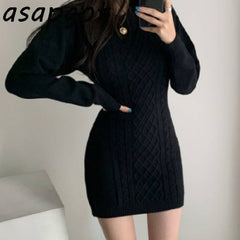 Korean Ins Autumn Winter Temperament Round Neck Sweater Dress Bodycon Open Back Slim Wrap Hip Knitted Dress Women Chic Thick