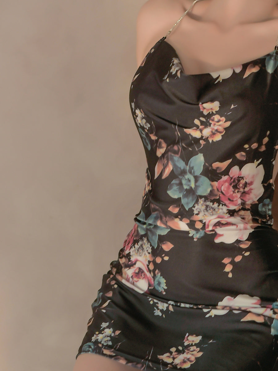 Women's halterneck sexy pajamas satin print ladies nightdress home halter short skirt