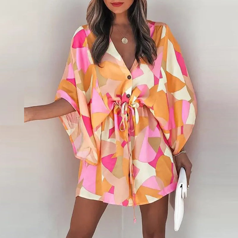 فستان قصير غير رسمي لقضاء العطلات على الشاطئ بوهو للنساء فساتين صيفية مطبوعة بأربطة وأكمام تشبه جناح الخفّاش للنساء رداء نسائي فضفاض 