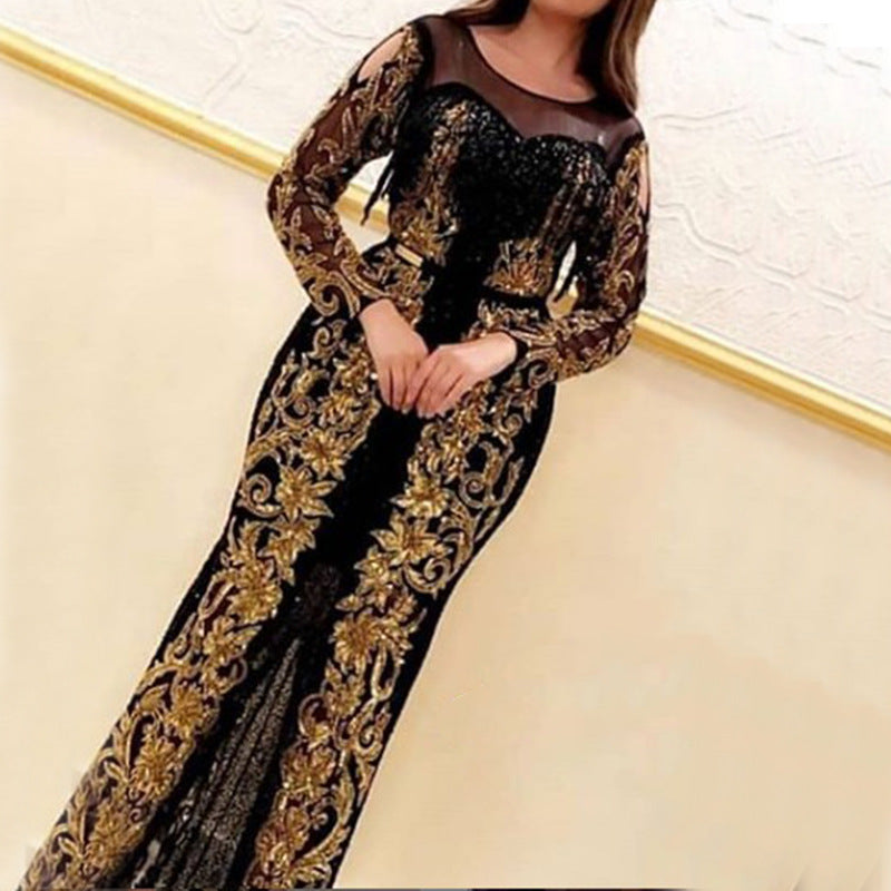 Fashion Round Neck Long Sleeves Sequin  Slim Dress Gown Without Belt