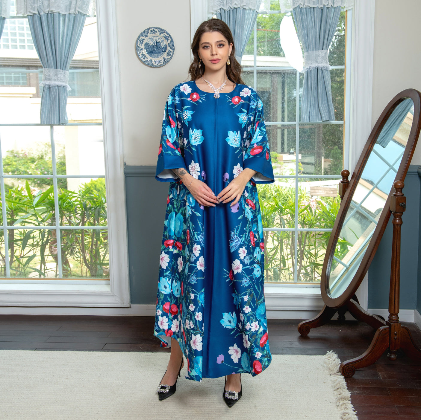 Middle East Arab Dubai Flower Beading Hot Diamond Muslim Robe Fashion Light  Jalabiya Arabian Ladies Dress