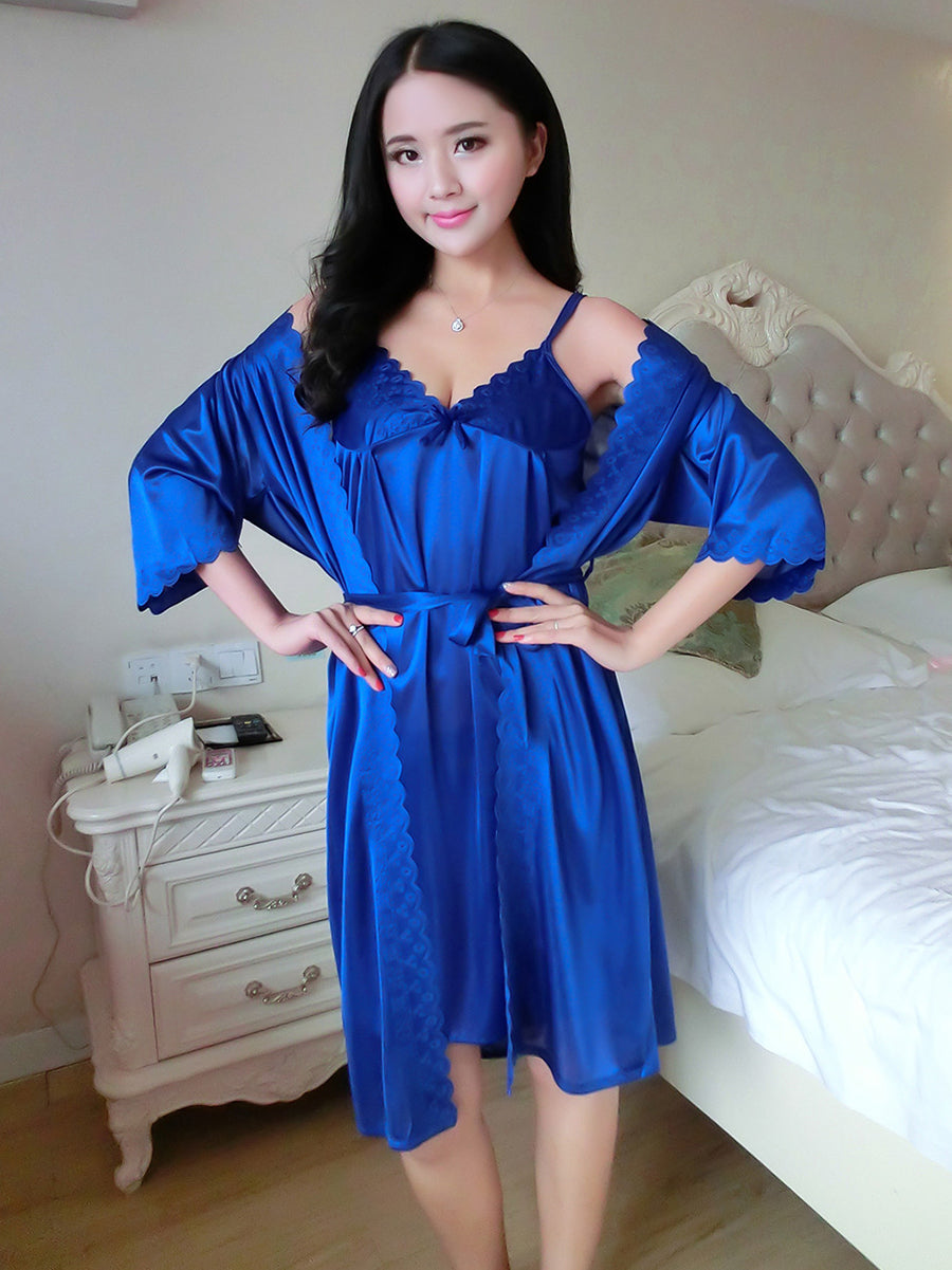 Ladies Fashion Sweet Ice Silk Sling Nightdress  Nightgown Elegant Romantic Homewear Set