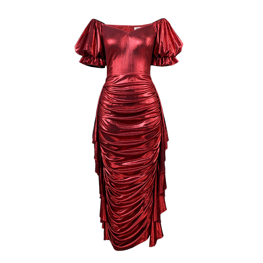 Women Shiny Party Long Dress Folds Short Lantern Sleeves Christmas Glitter Luxury Bodycon Elegant Sexy Prom Wedding Evening Gown