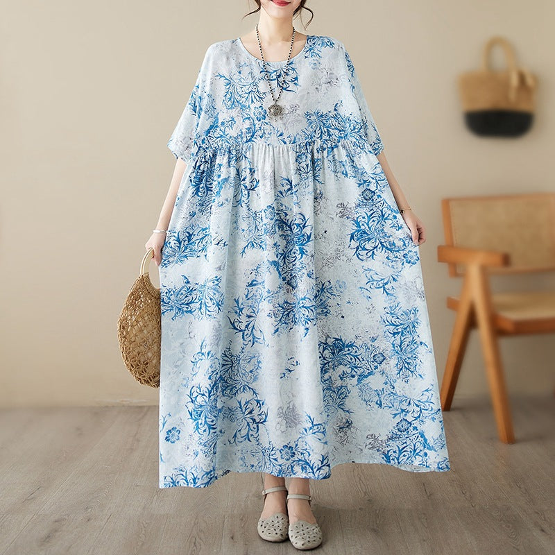 Middle-aged fat mother shows thin dress 150 jin 180 jin fat mm large size women's retro floral temperament long skirt