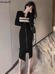 Woherb Sexy Long Sleeve Knit Dress Women Slim Classy Elegant Elastic Y2k Bodycon Vitido Midi Long Zip Dress Korea