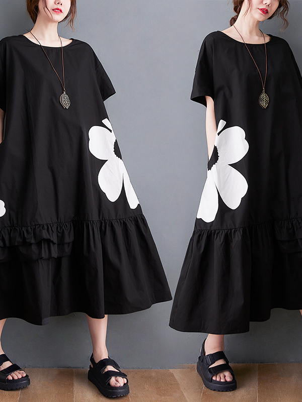 Large size women's clothing 2022 summer new black mid-length cotton printed dress niche large   long skirt