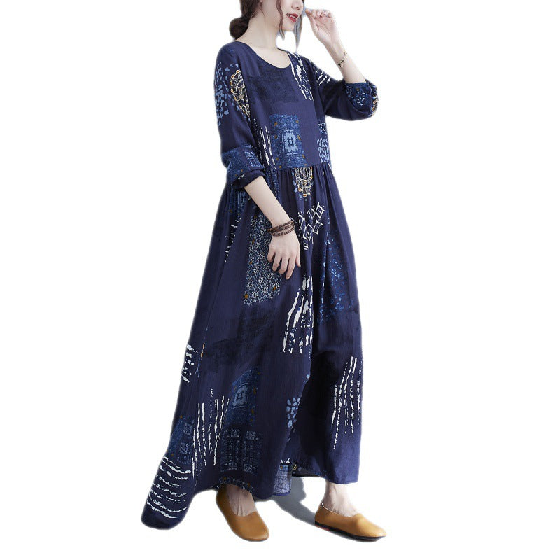 Large size women's clothing 2022 early autumn new literary and artistic large size fat MM plus fertilizer to increase printing long-sleeved dress