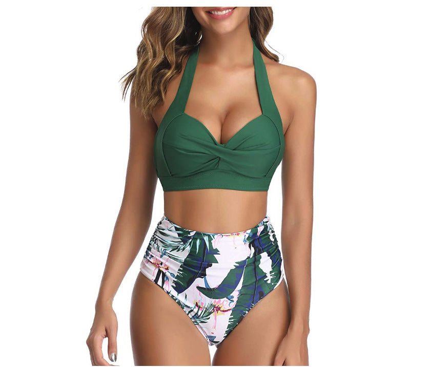 Bikini European and American high waist printed halter strap swimsuit women's split swimsuit swimsuit slimming bikini