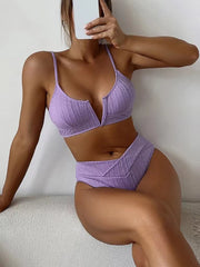 Waist Bikinis Swimwear Women Deep V Neck Solid Swimsuit 2023 Female  Push Up Beachwear Bathing Set Beach Wear