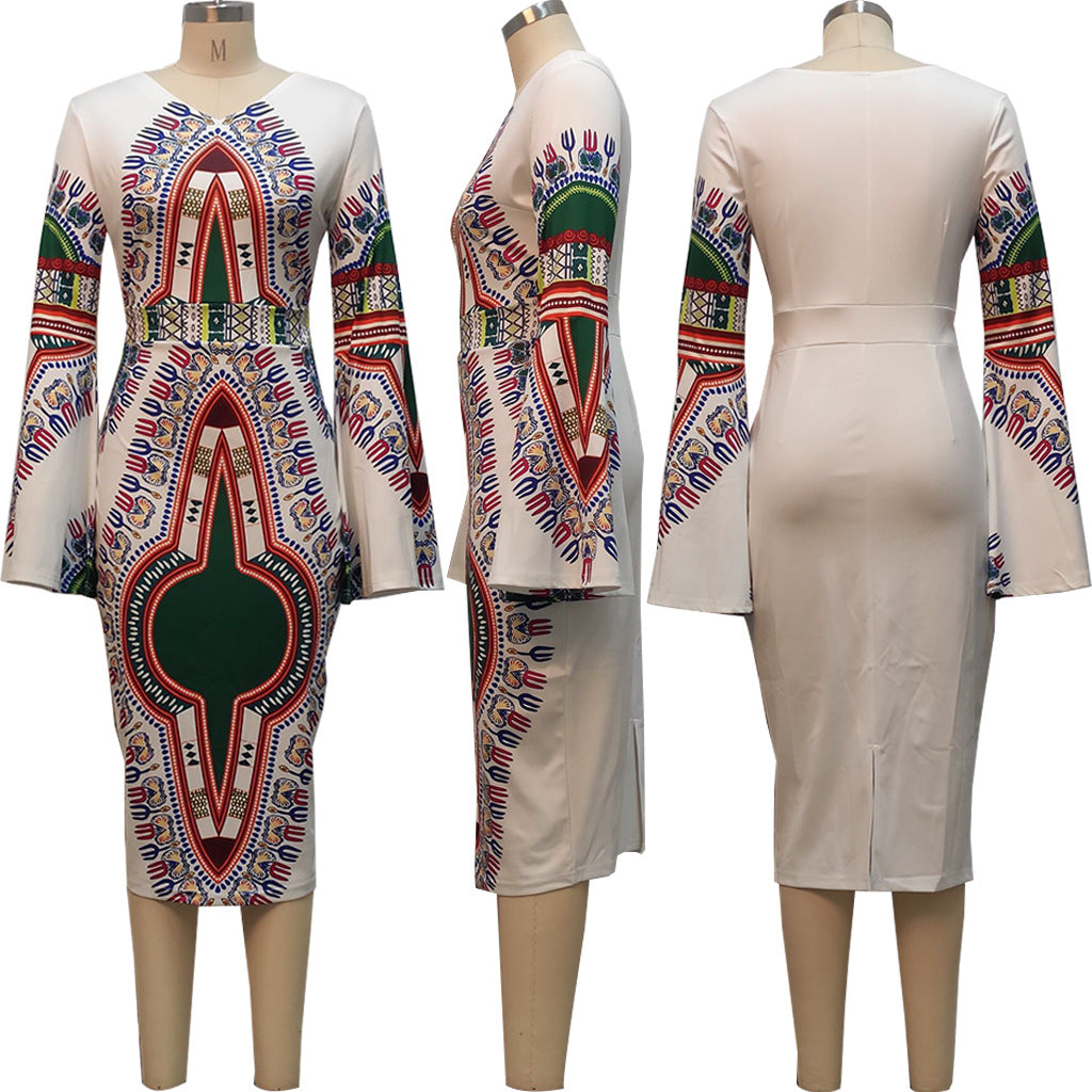 European and American dress sexy fashion digital printing V-neck long-sleeved women's dress