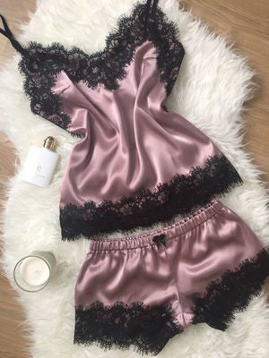 جنسي الملابس الداخلية الساخنة نمط الساتان الدانتيل منامة ثوب النوم بدلة المنزل قطعتين مجموعة 