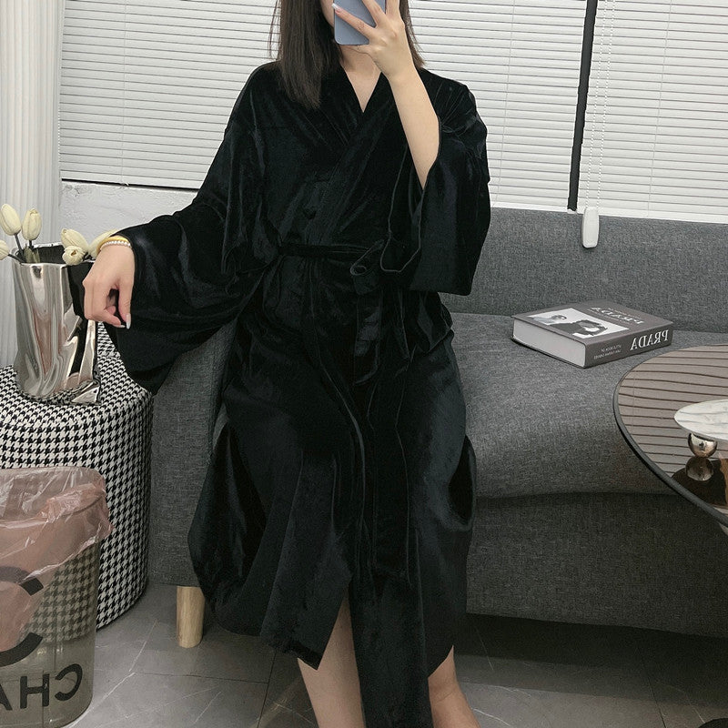 Autumn and winter women's thick warm fashion single robe long gold velvet nightgown