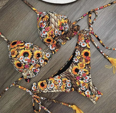 Brazilian Split Ladies Printed Swimsuit With Underwire Chest Pad Sexy Triangle Bikini