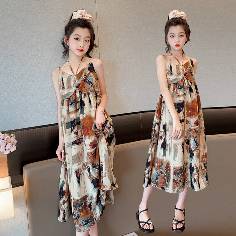 تنورة بحمالات من الشيفون والساتان للفتيات باللون الزيتي 2023 تنورة شاطئ جديدة لصيف 2023 تنورة للأولاد الكبار