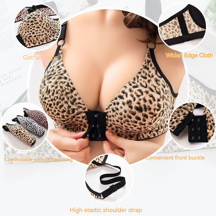 Front buckle leopard print large size thin section bra without rims push-up underwear 36-42BC