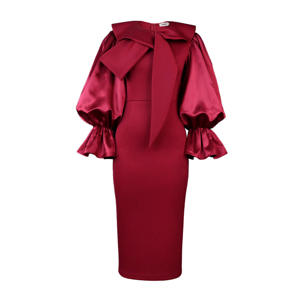 Women Long Sleeve Bodycon Dress with Bow Collar Slim Sheath Elegant Classy Office Ladies Date Out Event Large Size Female Gowns