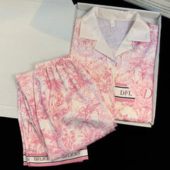 Spring and autumn pajamas women's ice silk lapel cardigan long-sleeved trousers sweet and cute girl home service suit