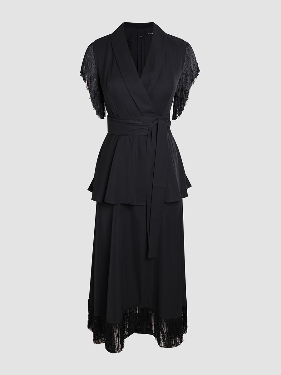 Black Elegant Satin V-Neck Fringed Hem Dress