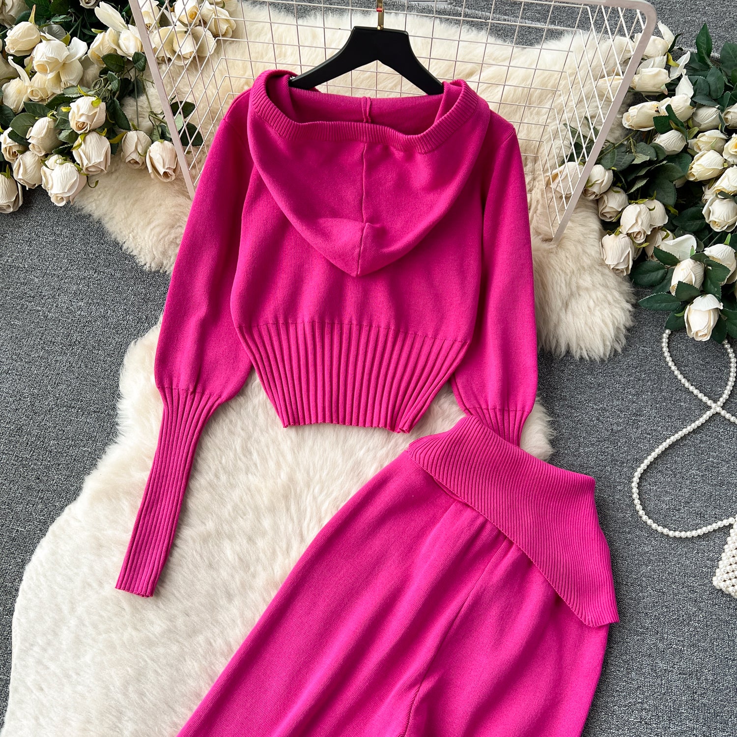 Autumn and winter European and American style minimalist solid color  hooded top +  waisted  trousers casual two-piece set