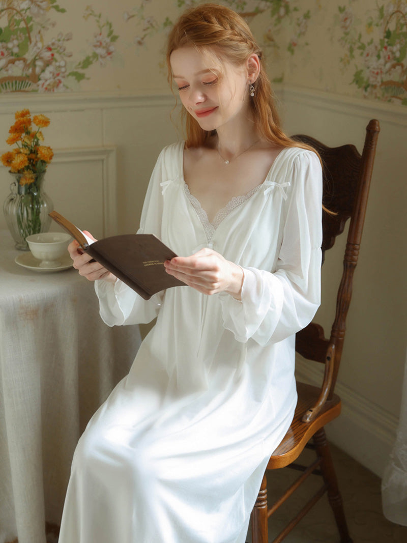 Ladies Spring Pajamas Long Sleeve Cotton Victorian Nightgown Pajamas Ruffle V Neck Vintage Pajamas