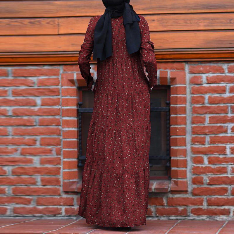 ZANZEA Women's Muslim Arabian Floral Printed Dress Simple Temperament Round Neck Long Sleeve Back  Side Pockets  Casual Dress Large Size Without Headscarf