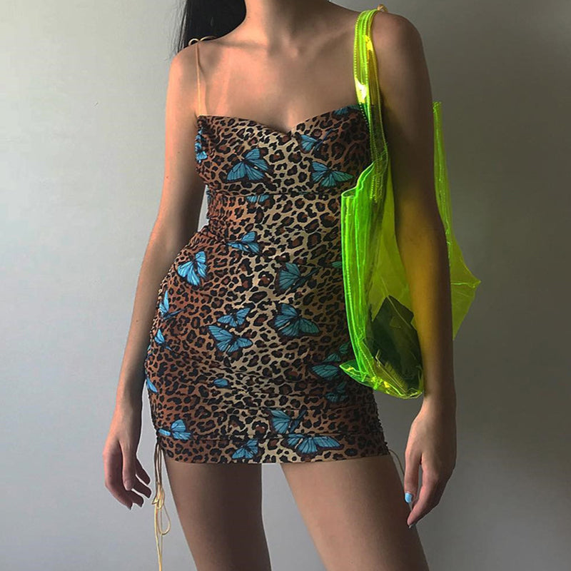 leopard print backless sexy bodycon mini dress summer women fashion slash neck slip party streetwear clothes