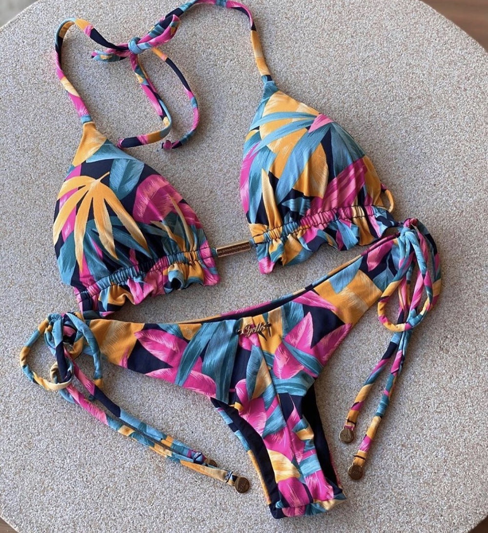 Brazilian Split Ladies Printed Swimsuit With Underwire Chest Pad Sexy Triangle Bikini