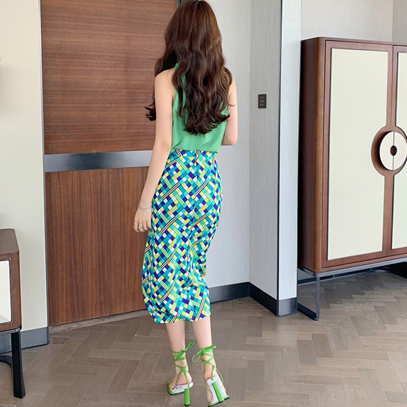 Vintage Sexy Halter Sleeveless Tops Women OL Elegant Bodycon Print Asymmetrical Midi Skirt Casual Loose Shirt Blouse 2-Piece Set