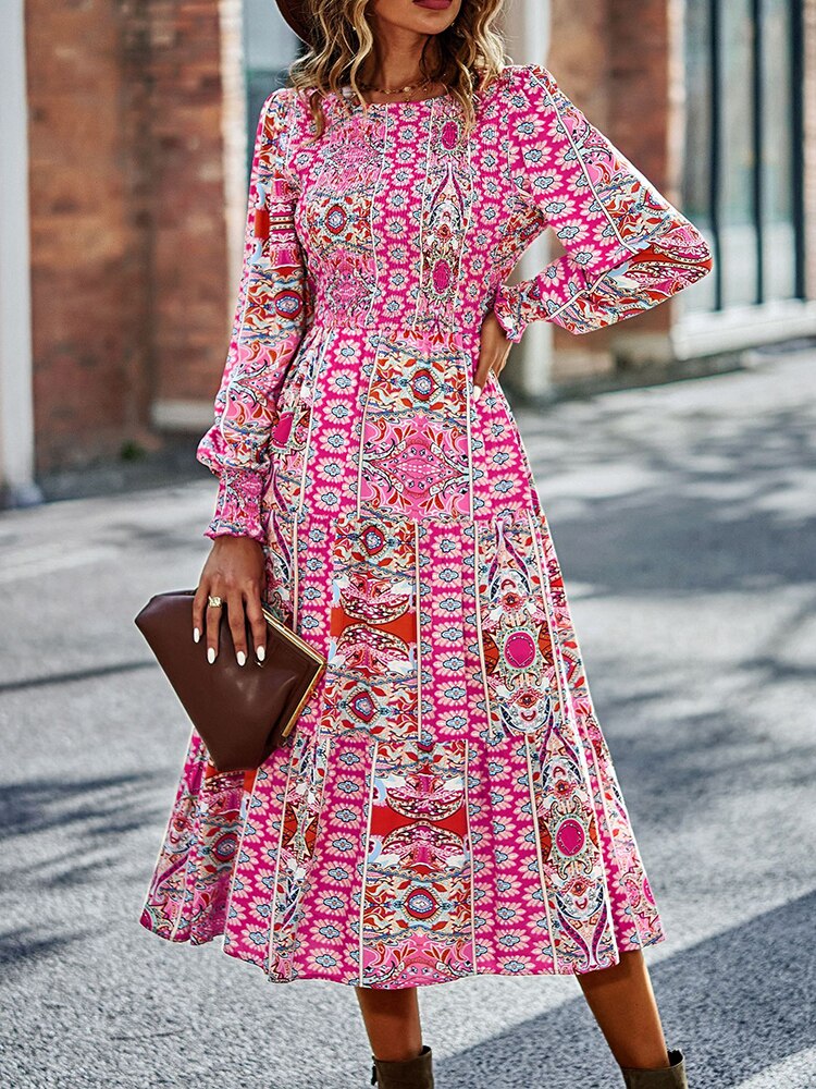 فستان بوهيمي برقبة مستديرة للربيع والخريف، تنورة كبيرة جديدة للفصول الأربعة 