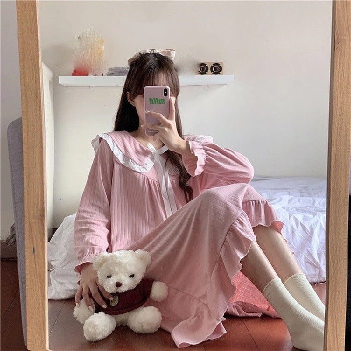 Long-sleeved nightdress over the knee  wind pajamas female spring and autumn  court doll collar Korean  style home service