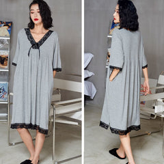 Patchwork Lace V-neck Women Nightgowns Knee-length Sexy Elegant Thin Half Sleeve  Summer Homewear Fashion Chic Soft Leisure