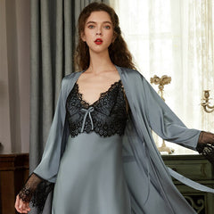QSROCIO Women's Pajamas Robe Set Sexy Lace Sling Dress  Nightgown Silk Like Homewear Elegant New Sleepdress