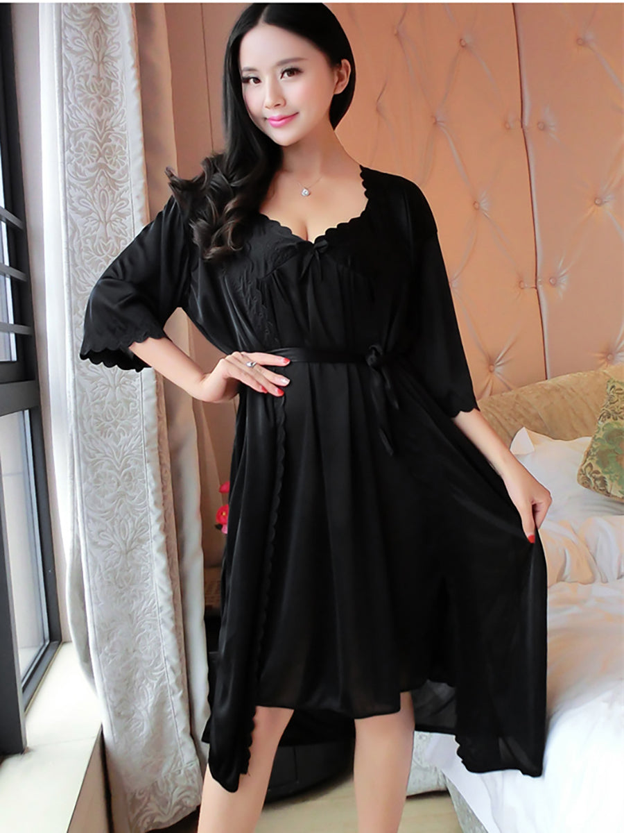 Ladies Fashion Sweet Ice Silk Sling Nightdress  Nightgown Elegant Romantic Homewear Set