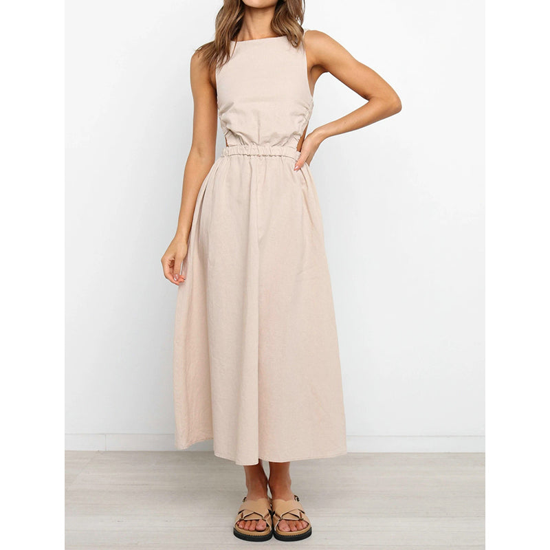 2023 Summer New Women's Fashion Sexy Solid O Neck Sleeveless Backless Hollow Out Tunic Elastic Waist Dress Lady Bodycon