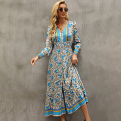 فستان نسائي طويل ماكسي بنمط بوهو مطبوع عليه زهور أنيق على شكل حرف V Nekc فساتين بأكمام طويلة فستان نسائي أنيق بفتحة أمامية على شكل حرف A 