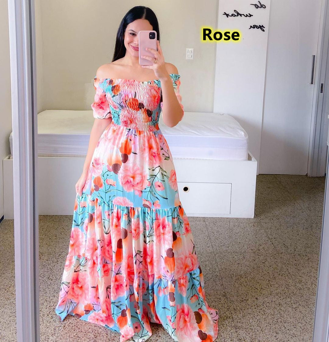 Women's Fashion Off Shoulder Dress Floral Print Long Dress Maxi Dresses Big  Dress Rochii Elegante Kleider Damen Elegant