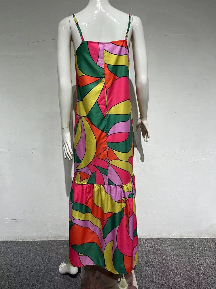 2023 الربيع والصيف الأوروبية والأمريكية الجديدة ركاب نمط فستان فرنسي عميق الخامس الرقبة عارية الذراعين الحمالات فستان مُزين بطباعة 