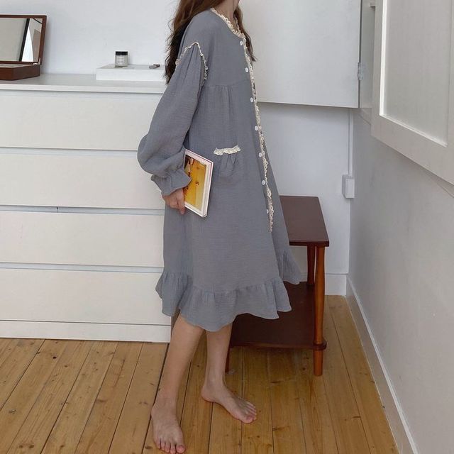 QWEEK Cotton Sleepwear Women Korean Nightdress Autumn Long Dress Nightgown Lace Nightie Long Sleeve Nightwear Female Loungwear