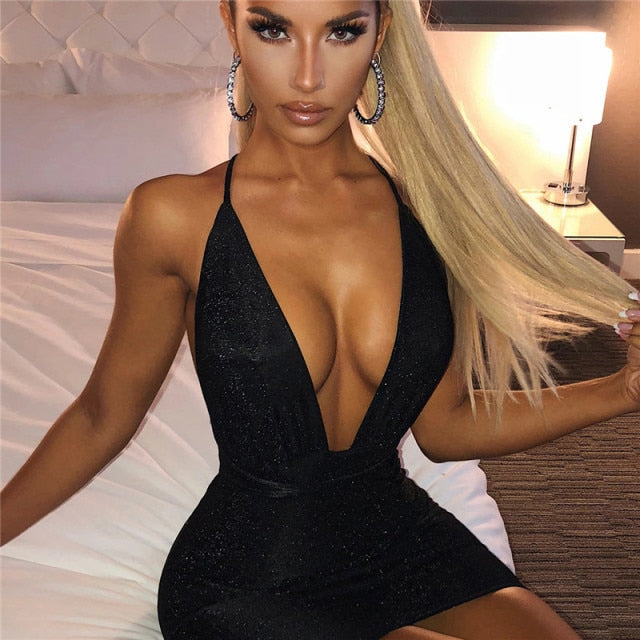 2022 Sleeveless Halter Bandage Sexy Women Dress Backless Bodycon Summer Deep V-neck Night Club Lace-up Party Dress