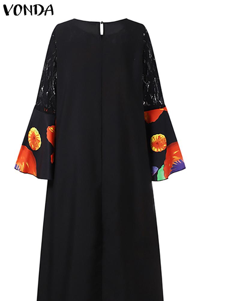 VONDA Elegant Dresses For Women 2022 Random Printed O Neck Long Flared Sleeve Lace A-Line Bohemian Party Casual Summer Plus Size Long Dresses