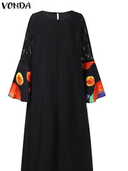 VONDA Elegant Dresses For Women 2022 Random Printed O Neck Long Flared Sleeve Lace A-Line Bohemian Party Casual Summer Plus Size Long Dresses